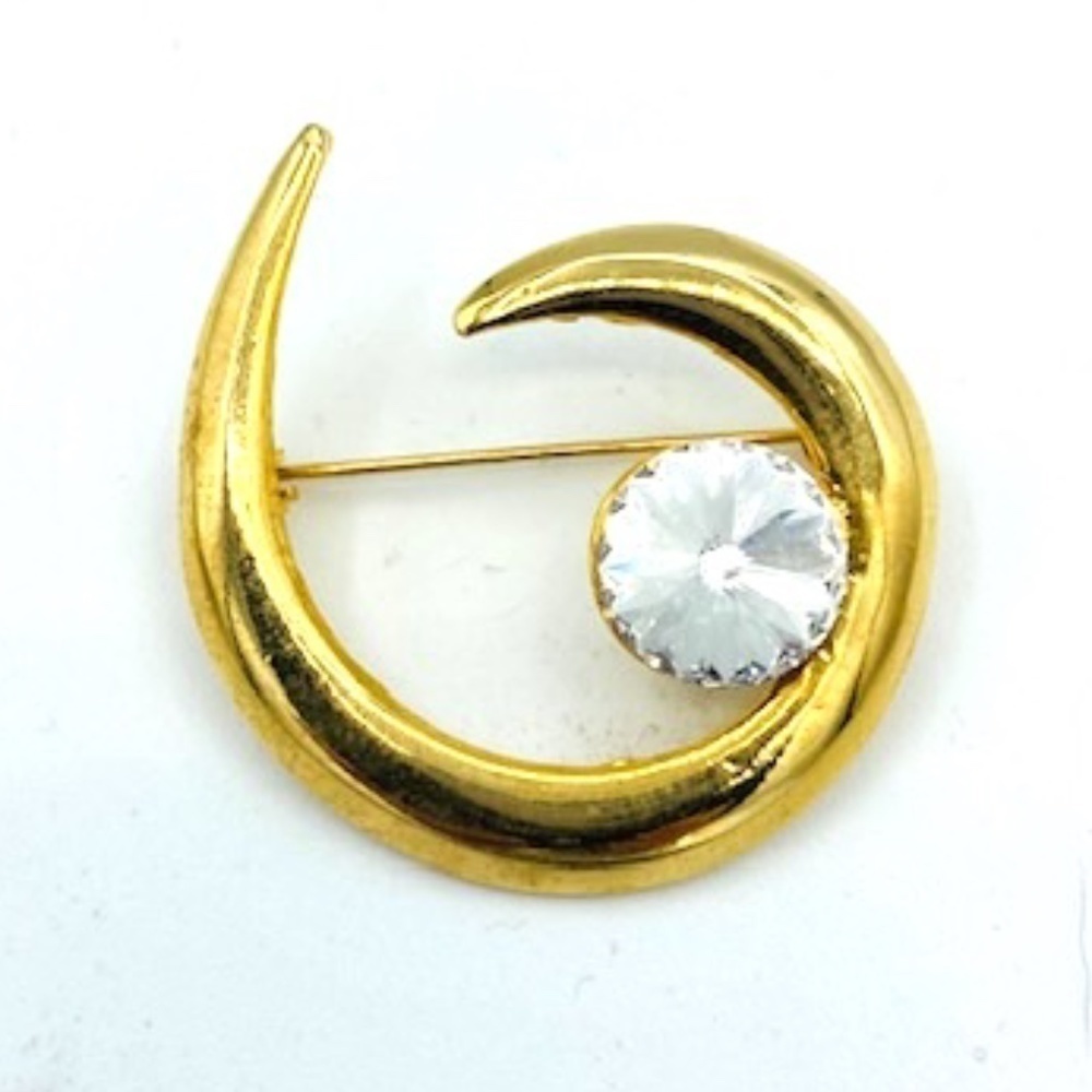 Vintage Gold Tone Spiral Rhinestone Gem Brooch Pin